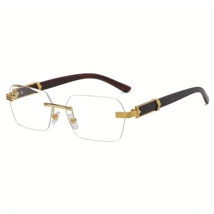Randloze unisex zonnebril met rechthoekige glazen, blauwlichtfilter en houtlook details voor optimale bescherming.
