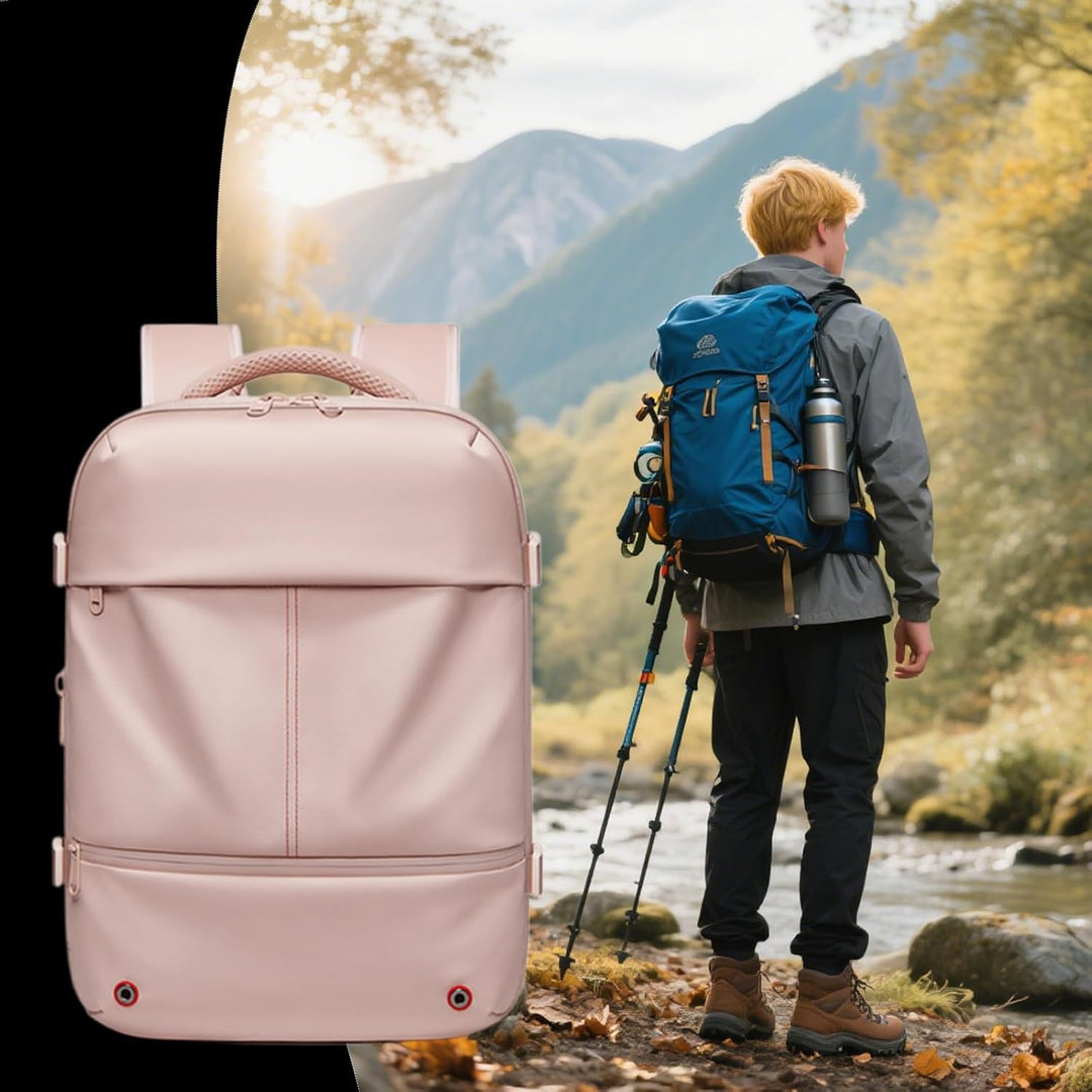 Grote zwarte reisrugzak met vacuümcompressie, perfect voor efficiënt inpakken en backpacken.