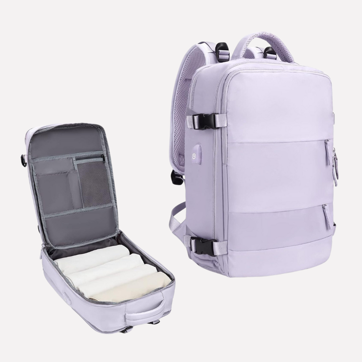 Closeup van het innovatieve pompsysteem op de unisex rugzak voor optimale compressie en draagcomfort.