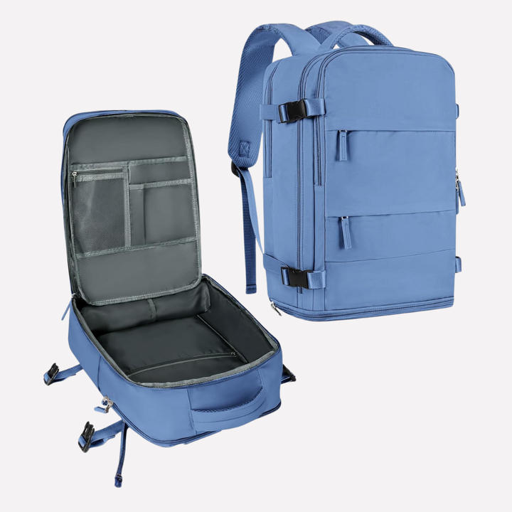 Volledig ingepakte unisex reistas rugzak, compact dankzij compressie, perfecte bagage voor elke reis.