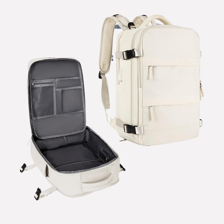 Detail van het zijvak van de unisex rugzak, handig voor waterfles of kleine benodigdheden tijdens het wandelen.