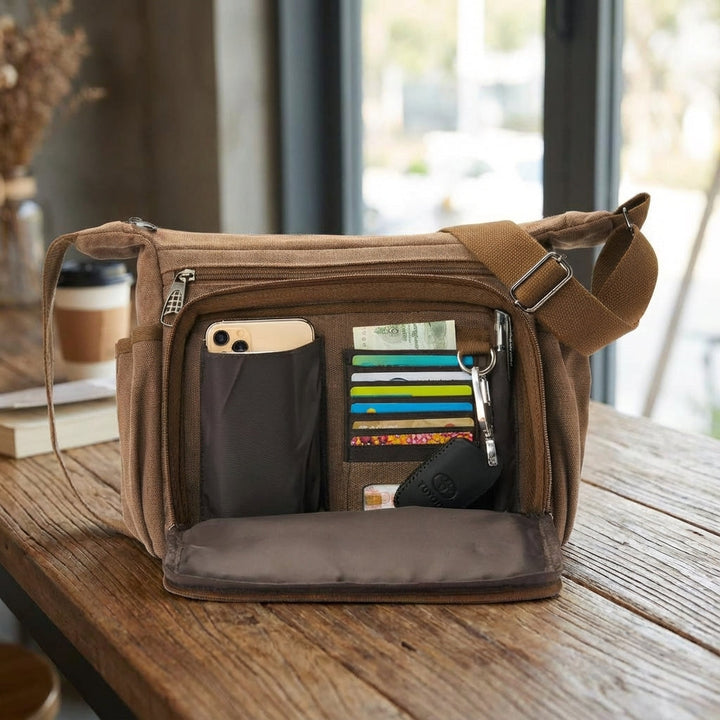 Unisex RFID blokkerende messenger tas van duurzaam canvas, veilig voor laptops en belangrijke documenten.