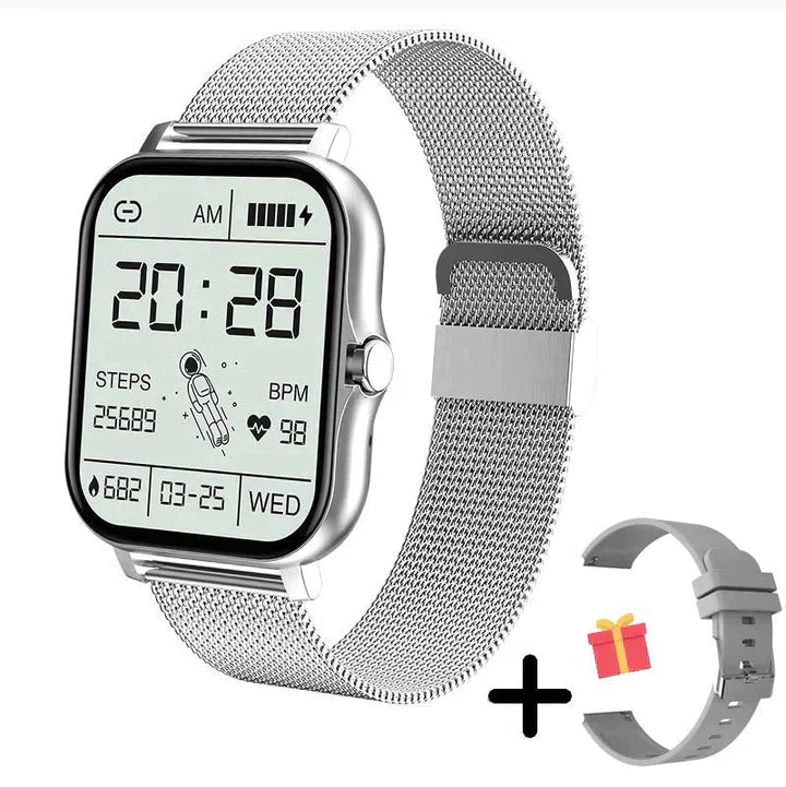 Helder display van de unisex smartwatch, toont tijd en fitnessgegevens. Robuust, spatwaterdicht en comfortabel voor dagelijks gebruik.