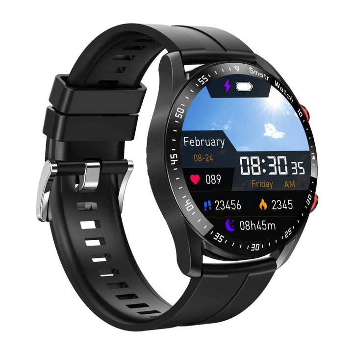 Unisex smartwatch met digitaal scherm toont realtime hartslag en glucosemeting, essentieel voor gezondheidsmonitoring.