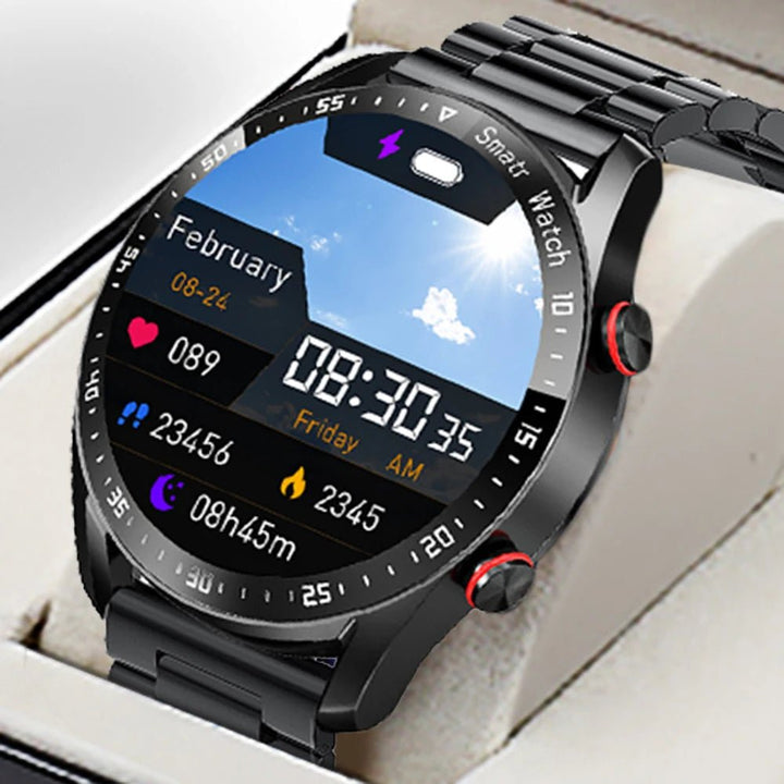 Duidelijk display van de ECG-functie op de waterdichte smartwatch, voor accurate hartmonitoring onderweg.