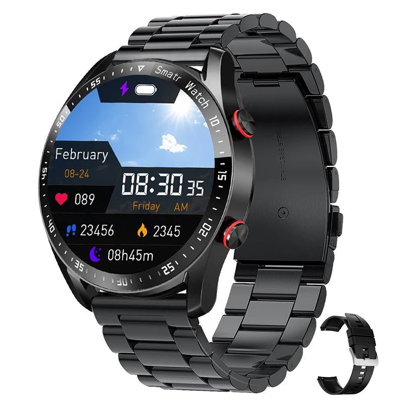 Elegante unisex smartwatch met bruine lederen band, combineert stijl met ECG en hartslagmeting voor gezondheid.