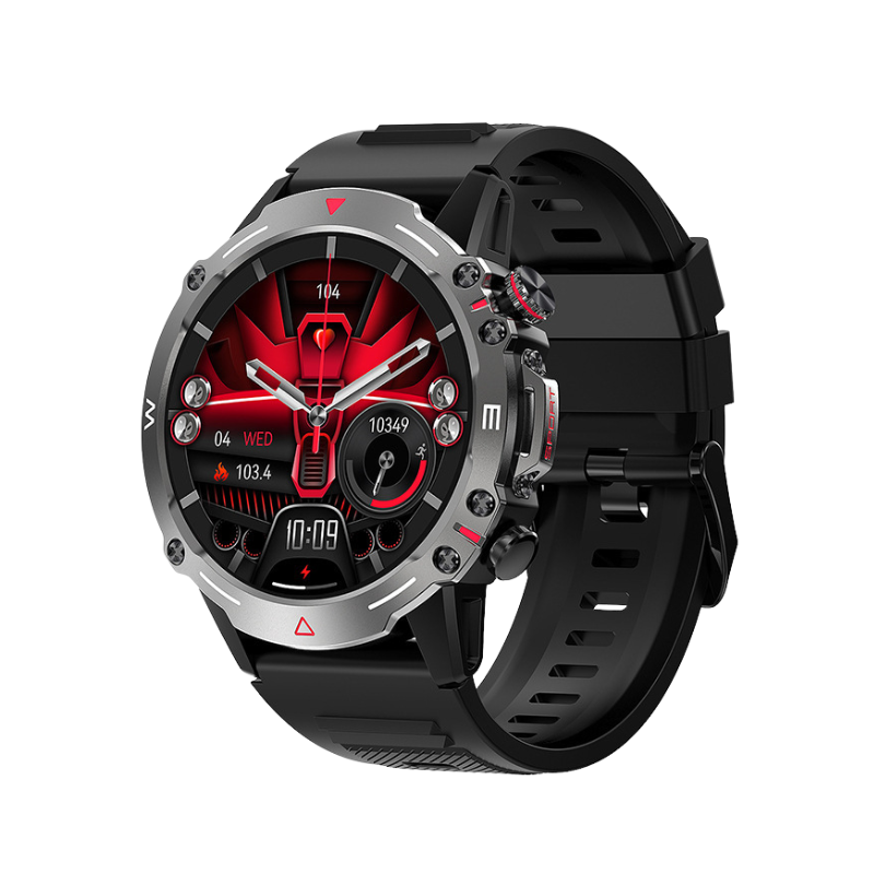 Zwarte unisex smartwatch met comfortabele band, AMOLED display & uitgebreide fitness tracking functies.