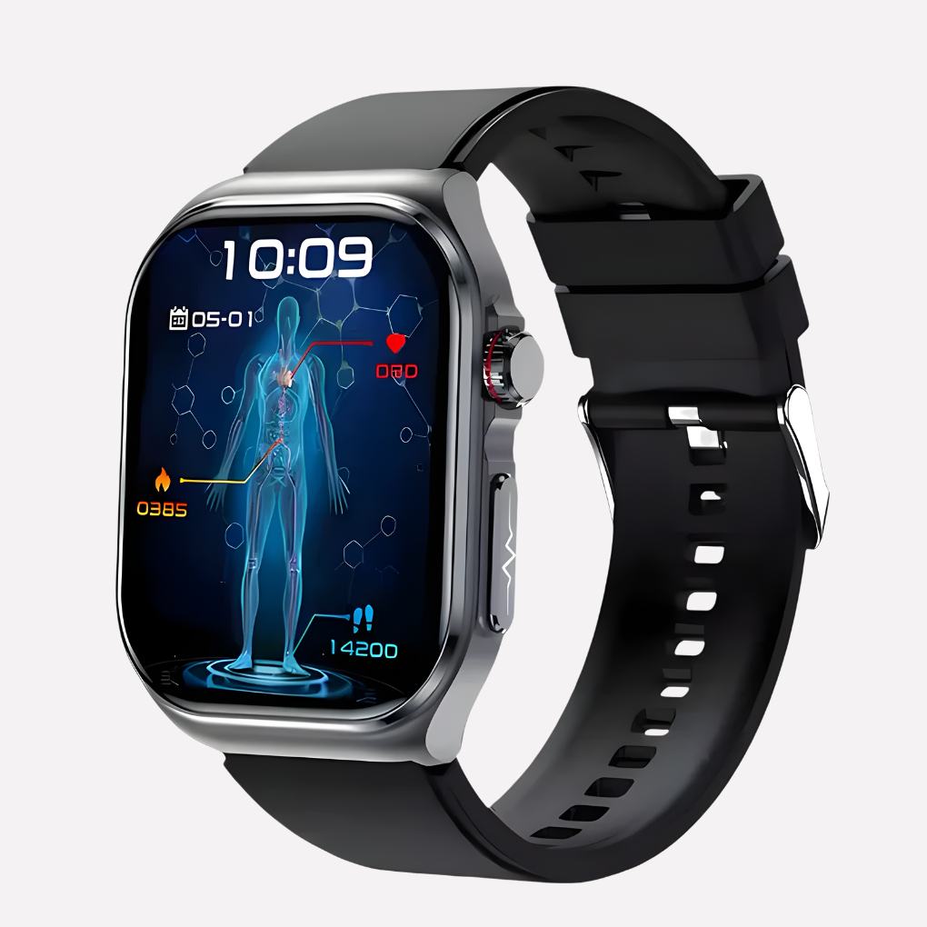 Unisex smartwatch met zilveren edelstalen kast, zwarte siliconen band, waterbestendig, met hartslagmeter en stappenteller.