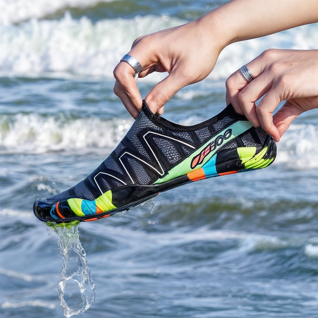 Blauwe AquaFlex waterschoenen gedragen tijdens het zwemmen, sneldrogend en comfortabel, met veilige pasvorm.