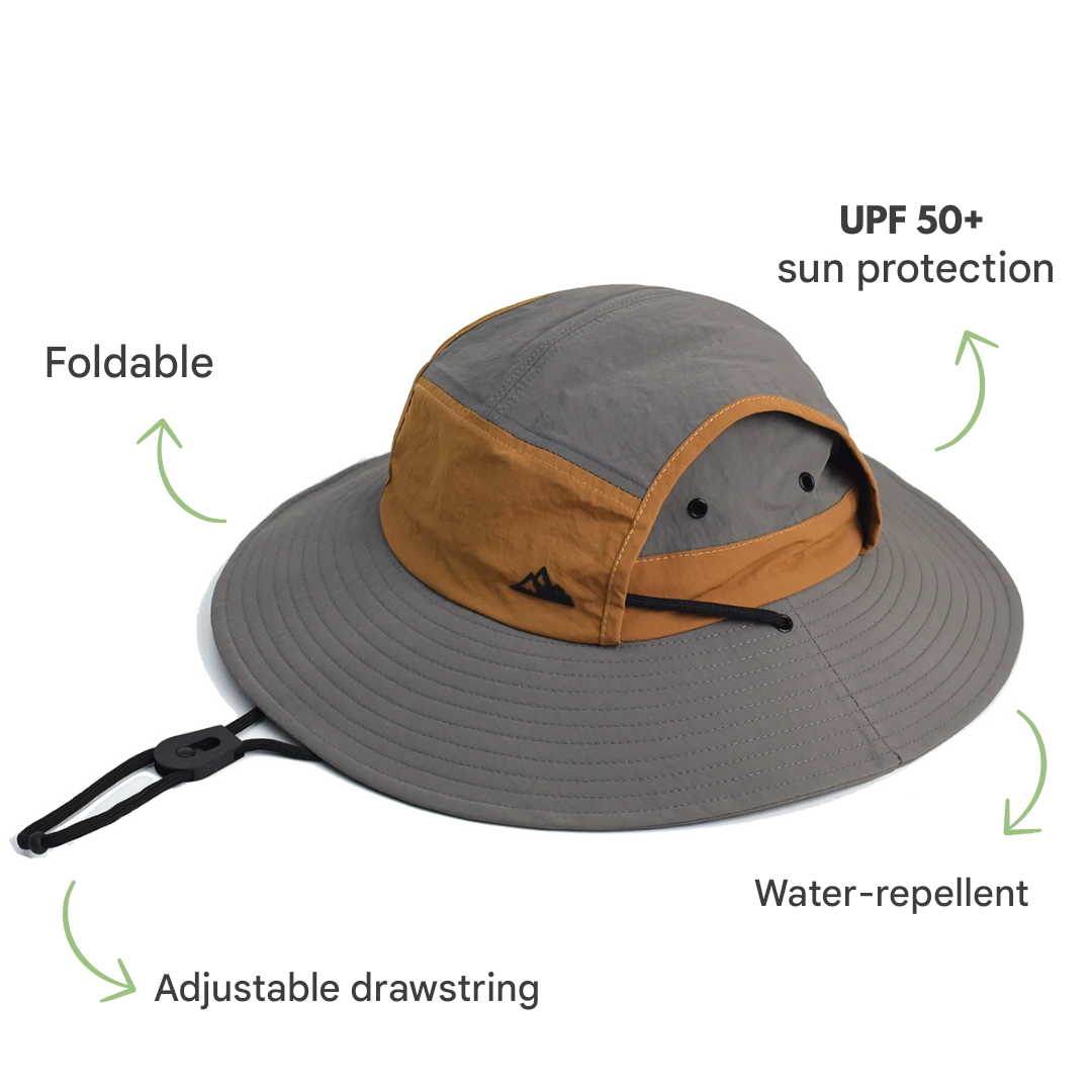 Zomerse Solterra outdoor zonnehoed met brede rand, UV-werend, opvouwbaar en waterafstotend voor maximale bescherming.