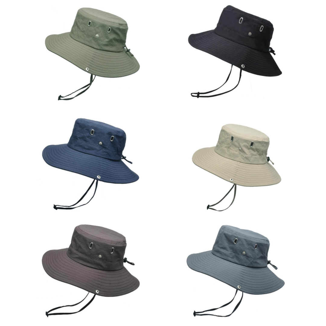 Unisex zonnehoed met brede rand, UV-bescherming, ademend en waterafstotend voor actieve buitenmensen.