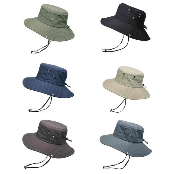 Unisex zonnehoed met brede rand, UV-bescherming, ademend en waterafstotend voor actieve buitenmensen.