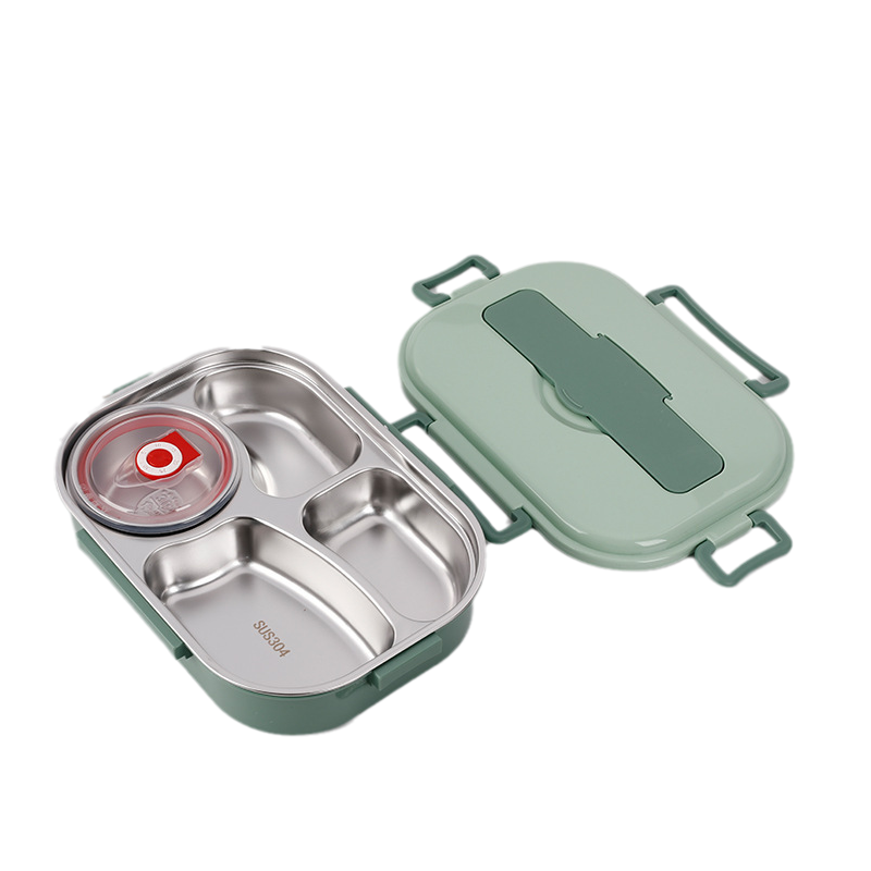 Thermische lunchbox van RVS met compartimenten, ideaal voor een gevarieerde warme maaltijd op werk.