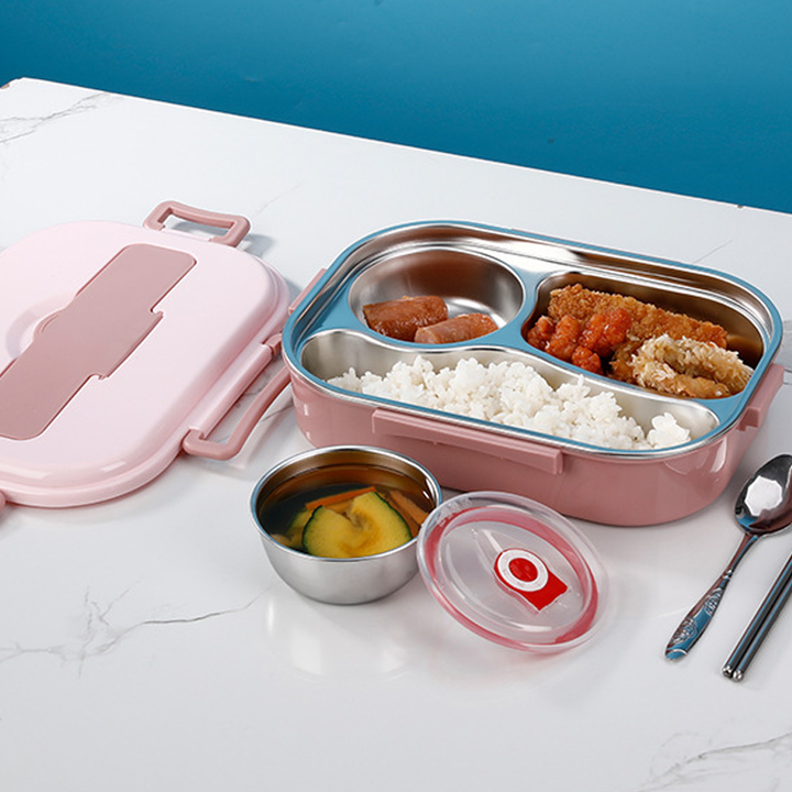 Duurzame roestvrijstalen lunchbox met thermische isolatie en scheidingen, ideaal voor maaltijdbereiding.
