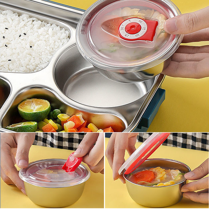 Bento lunchbox van RVS met meerdere compartimenten, houdt eten lang warm voor school of picknick.