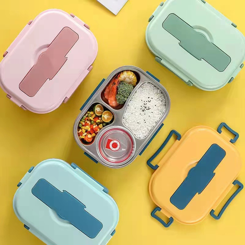 Geïsoleerde RVS maaltijdbox met vakken; perfect voor een warme lunch tijdens werk of uitje.