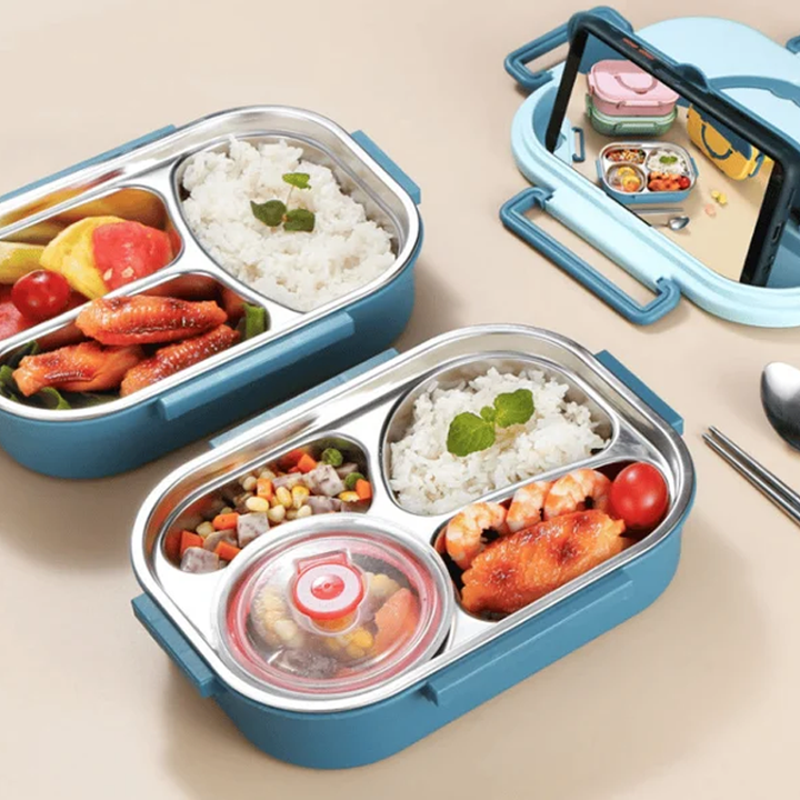 Stijlvolle thermische bento lunchbox van roestvrij staal, met handige compartimenten voor diverse gerechten.