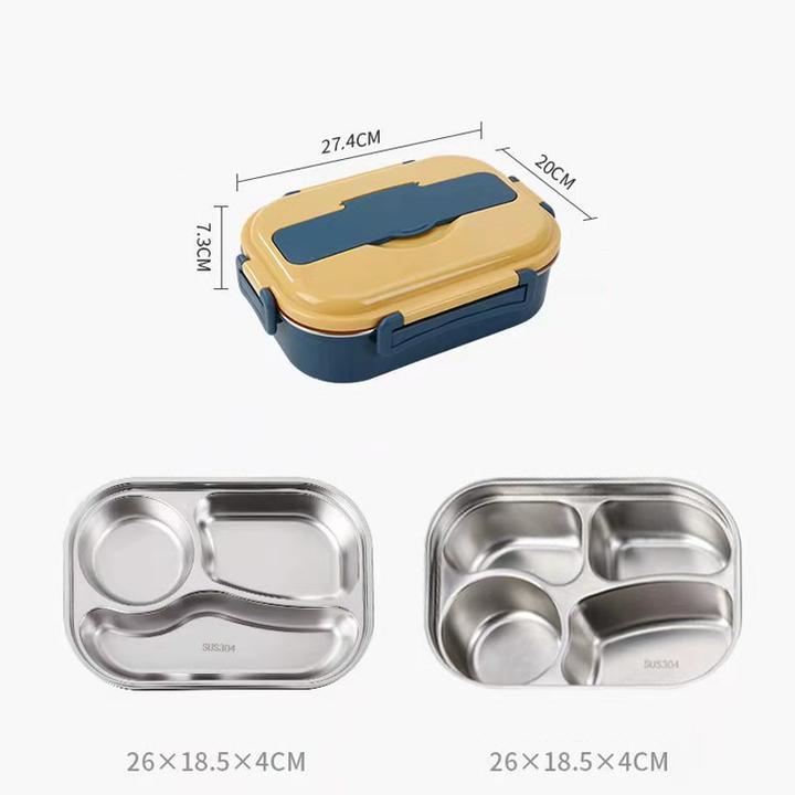 Compacte RVS lunchbox met thermische functie en compartimenten voor gezonde maaltijdbereiding.