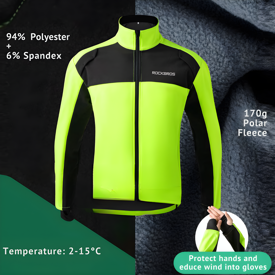 Reflecterende ThermoRide unisex thermofietskledingset in actie. Perfect voor veilig en warm winterfietsen en wielrennen.