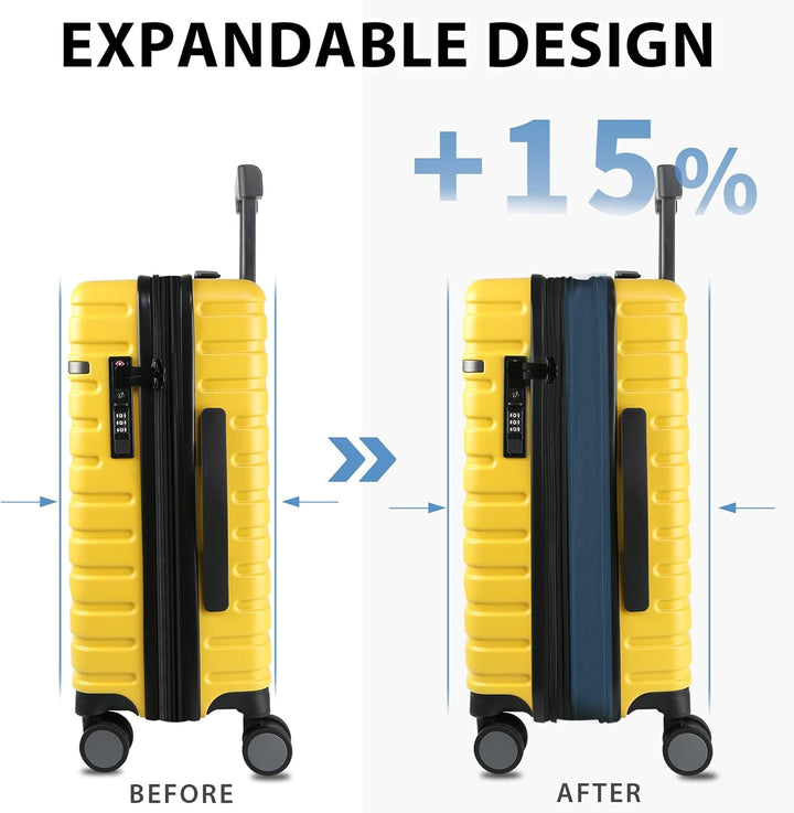 Zwarte unisex koffer, harde schaal, uitbreidbaar, spinnerwielen, TSA-slot, perfect voor korte trips.