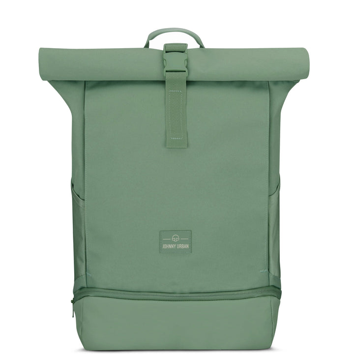 UrbanFlow rolltop rugzak, toont ergonomische schouderbanden en ademend rugpaneel.