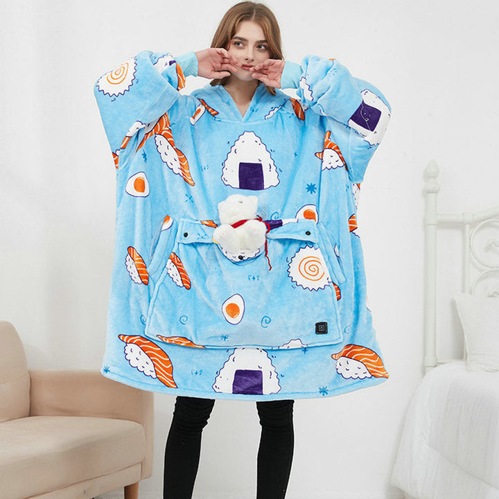 Model toont een unisex verwarmde oversize hoodie, ideaal als huispak en warme trui voor ultiem comfort.