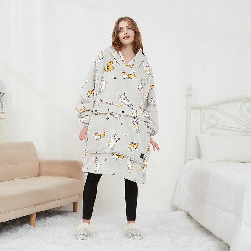Verwarmde draagbare deken hoodie voor dames en heren. Geniet van de behaaglijke warmte van deze comfortabele trui.
