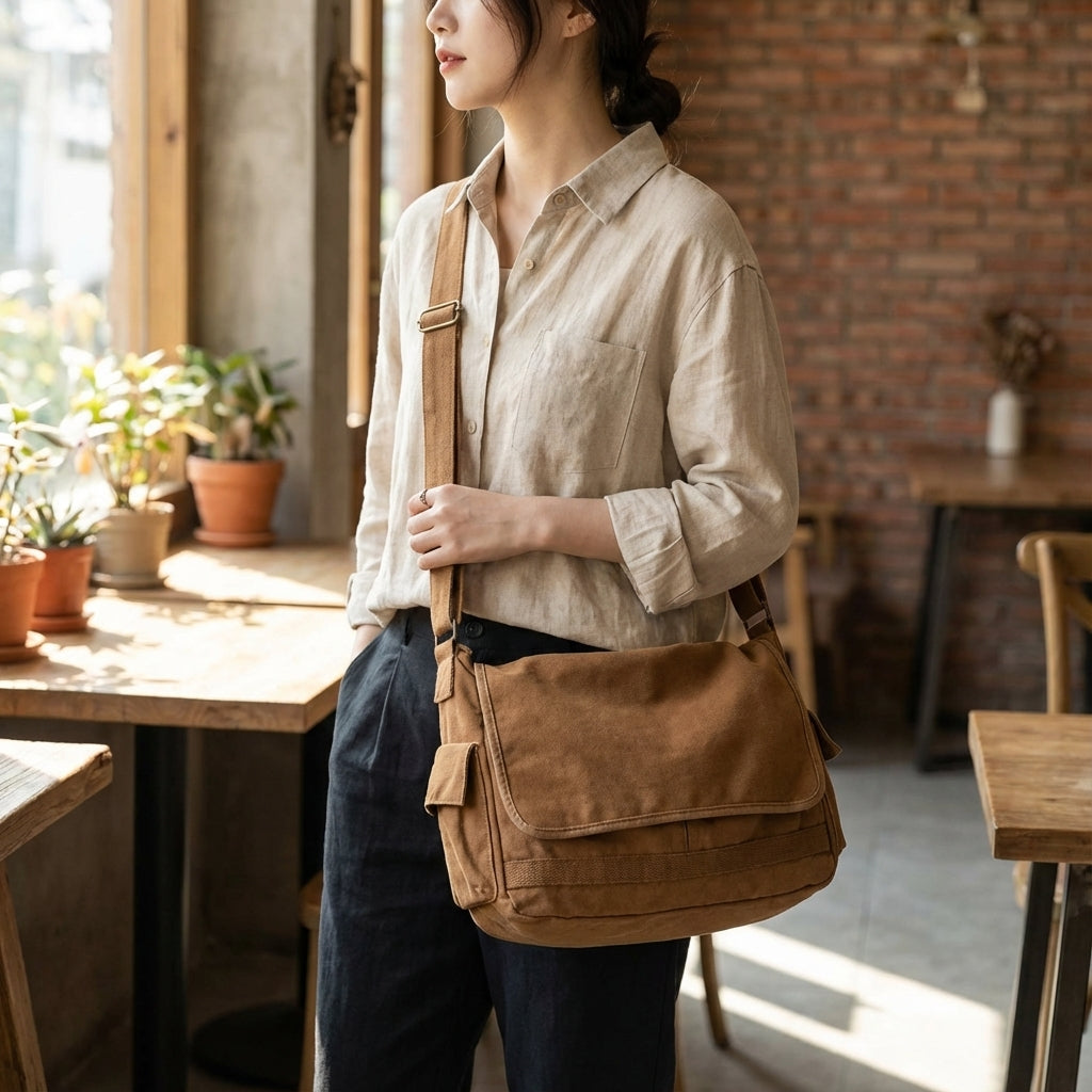Unisex vintage canvas schoudertas, ideaal voor dagelijks gebruik, werk of school. Duurzame messenger tas.