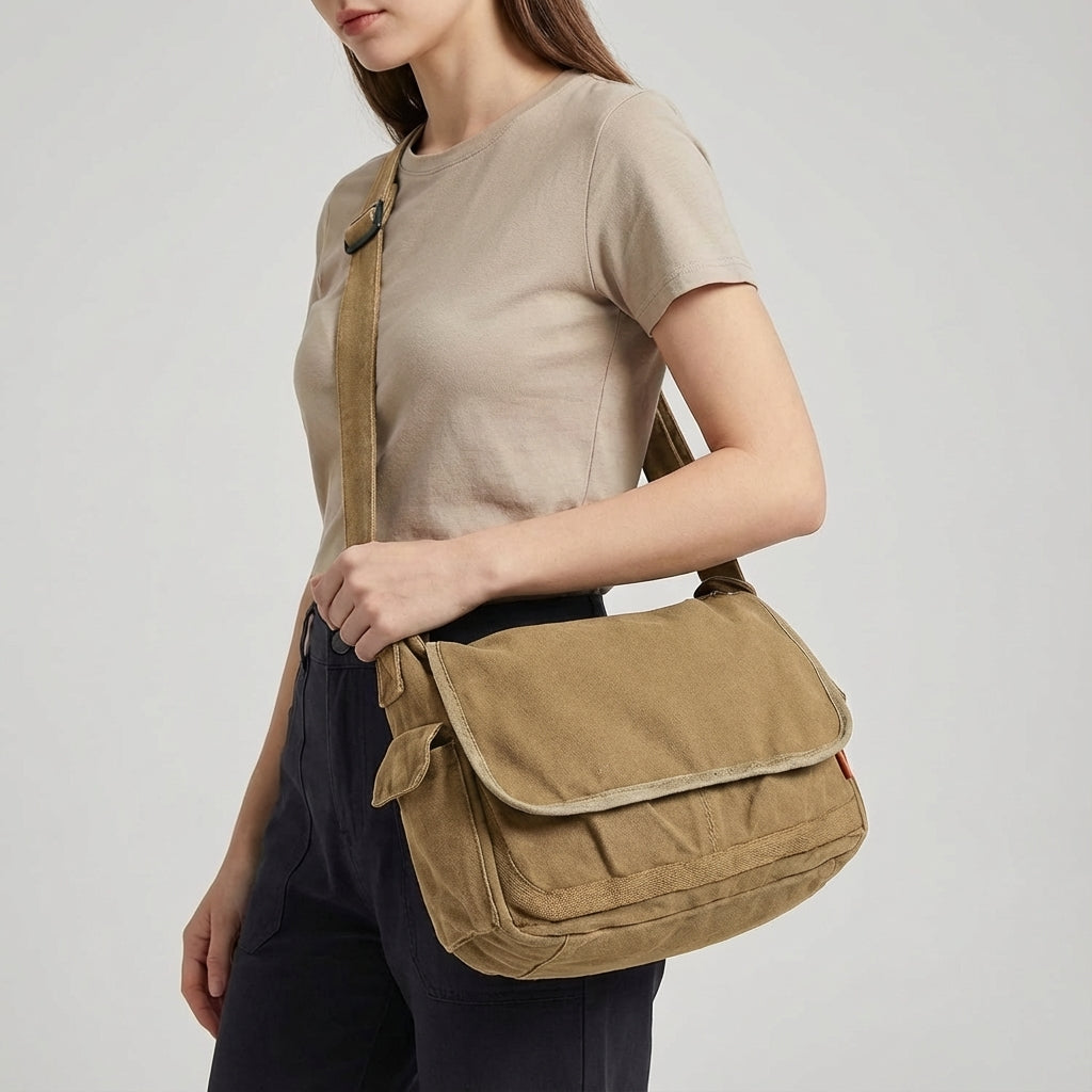 Veelzijdige UrbanSatchel vintage canvas schoudertas unisex. Comfortabele messenger tas voor school, werk en vrije tijd.