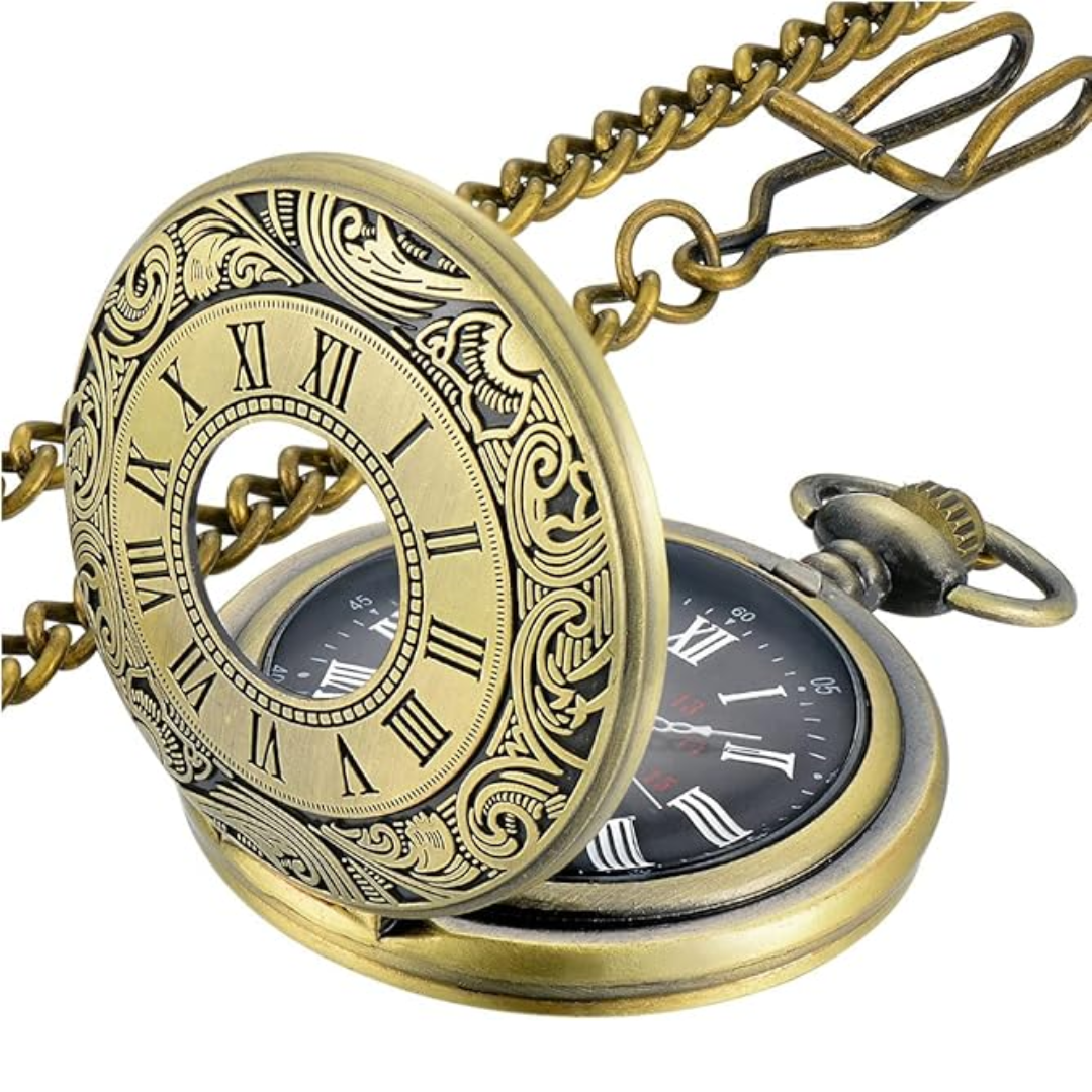 Unisex vintage zakhorloge met klassieke Romeinse cijfers en bronzen afwerking.