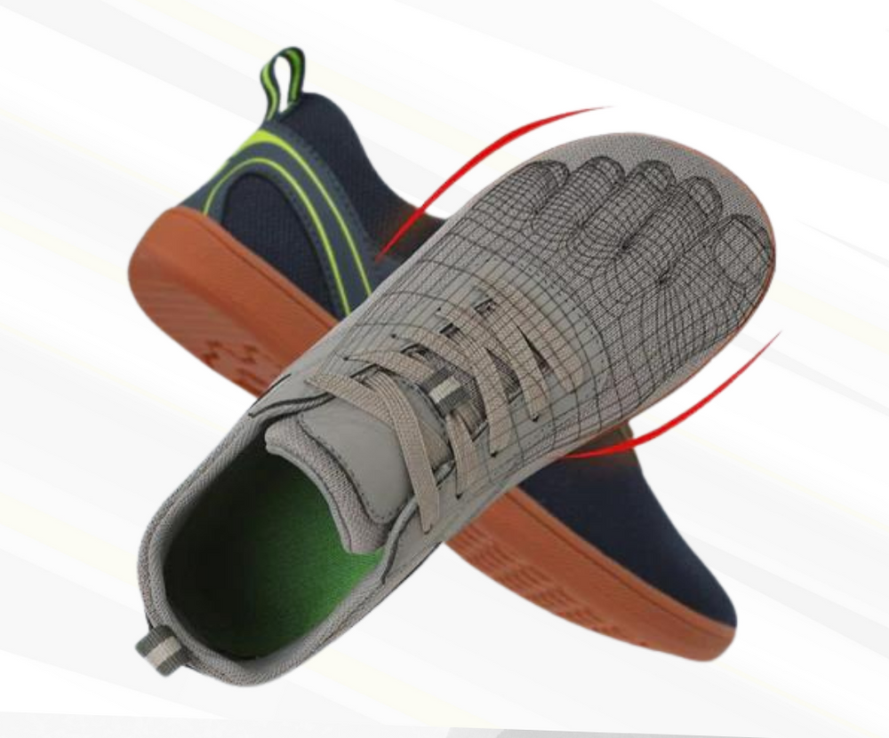 Close-up van de flexibele zool van unisex barefoot sneakers, stimuleert natuurlijke beweging.