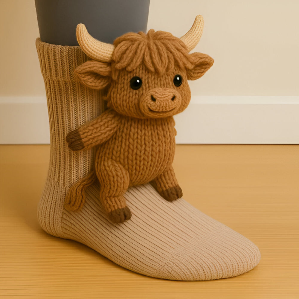 Vrolijke 3D-dierensokken voor unisex, detail van het unieke ontwerp en de zachte textuur. Cadeau sokken.
