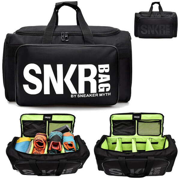 Zwarte unisex reis sporttas met waterdichte ritsen en aparte sneakerruimte.