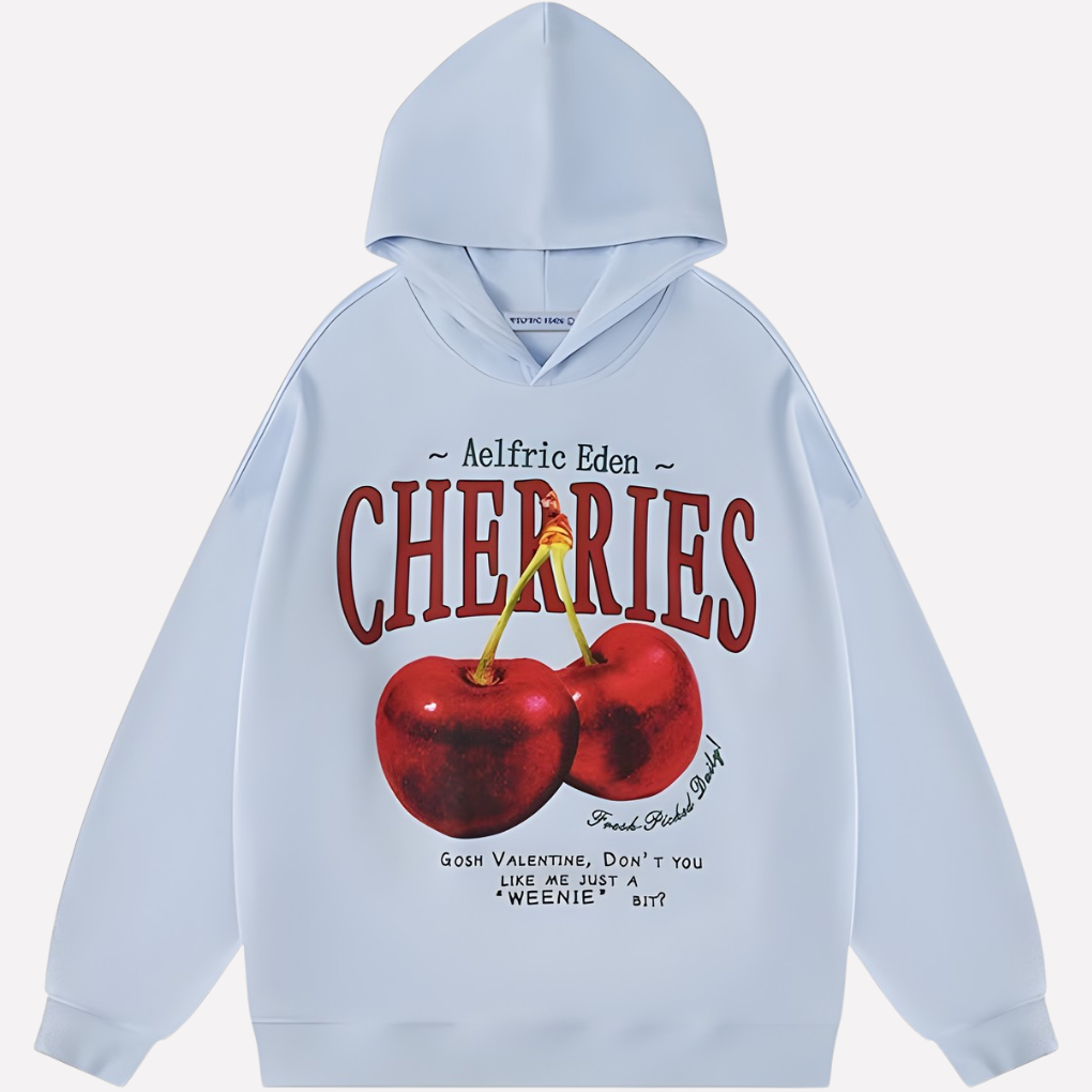 Trendy Y2K streetwear hoodie met grafische kersenprint. Relaxte pasvorm voor casual comfort en stijl.