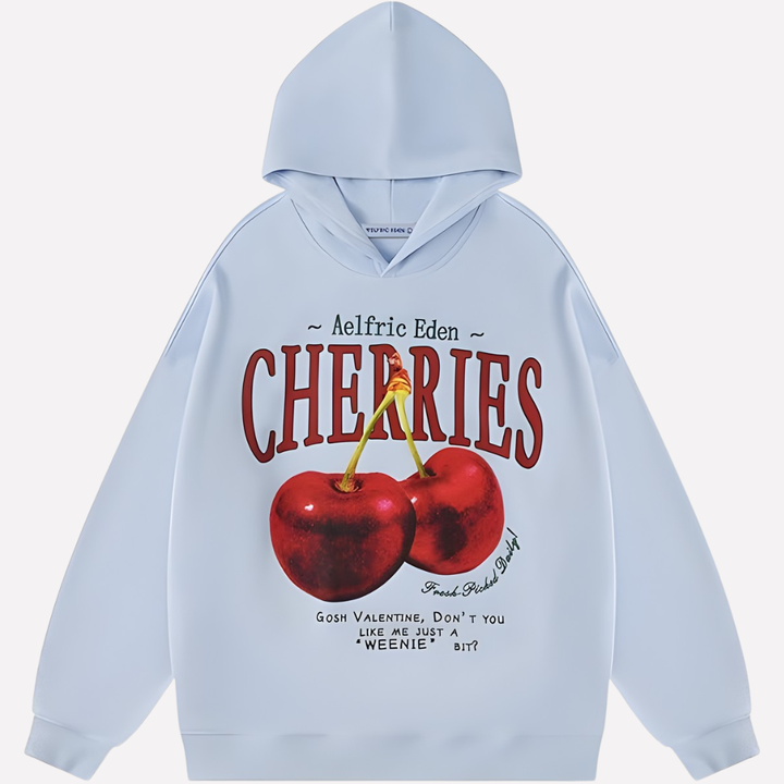 Trendy Y2K streetwear hoodie met grafische kersenprint. Relaxte pasvorm voor casual comfort en stijl.