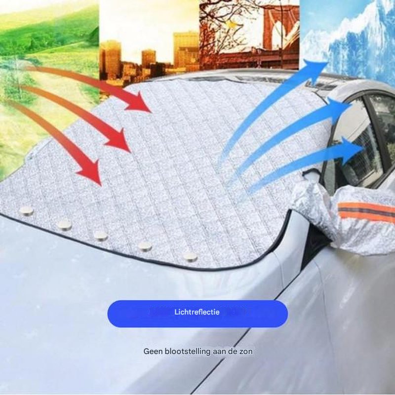 Krachtig magnetisch antivries zeil. Beschermt uw auto voorruit snel en effectief tegen winterse vorst, ijs en sneeuw.