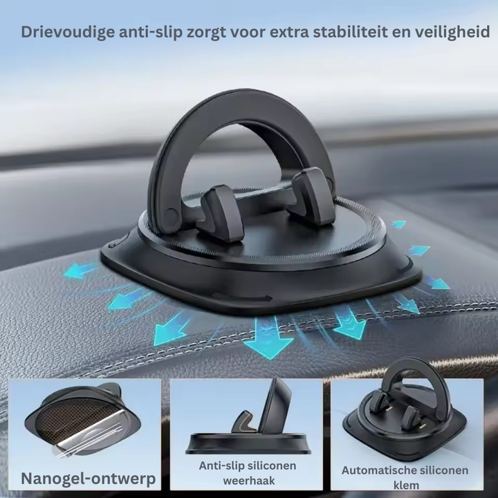 Veilige autohouder voor smartphones, 360 graden draaibaar, ideaal voor handsfree navigatie en bellen.