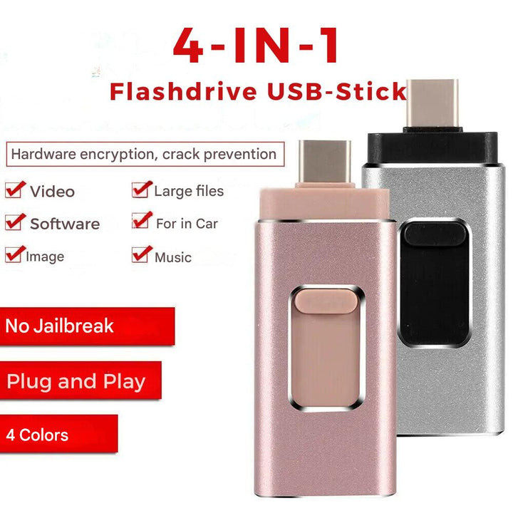 4-in-1 flashdrive voor iPhones, Android telefoons, laptops en tablets. Ideaal voor mobiele data opslag en back-ups.