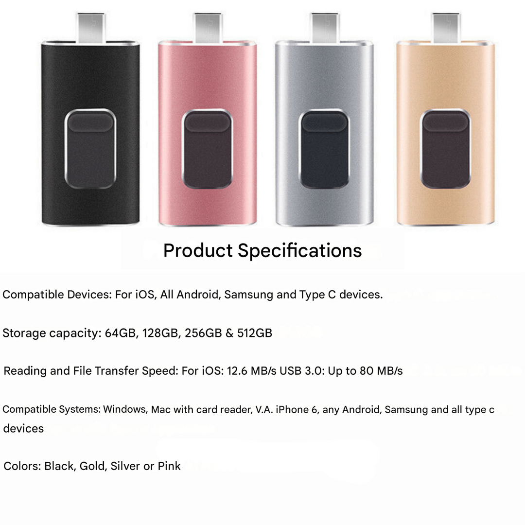 Universele 4-in-1 USB stick (DataFlex) voor extra geheugen op iPhone, Android, pc en tablet. Compacte digitale opslag.