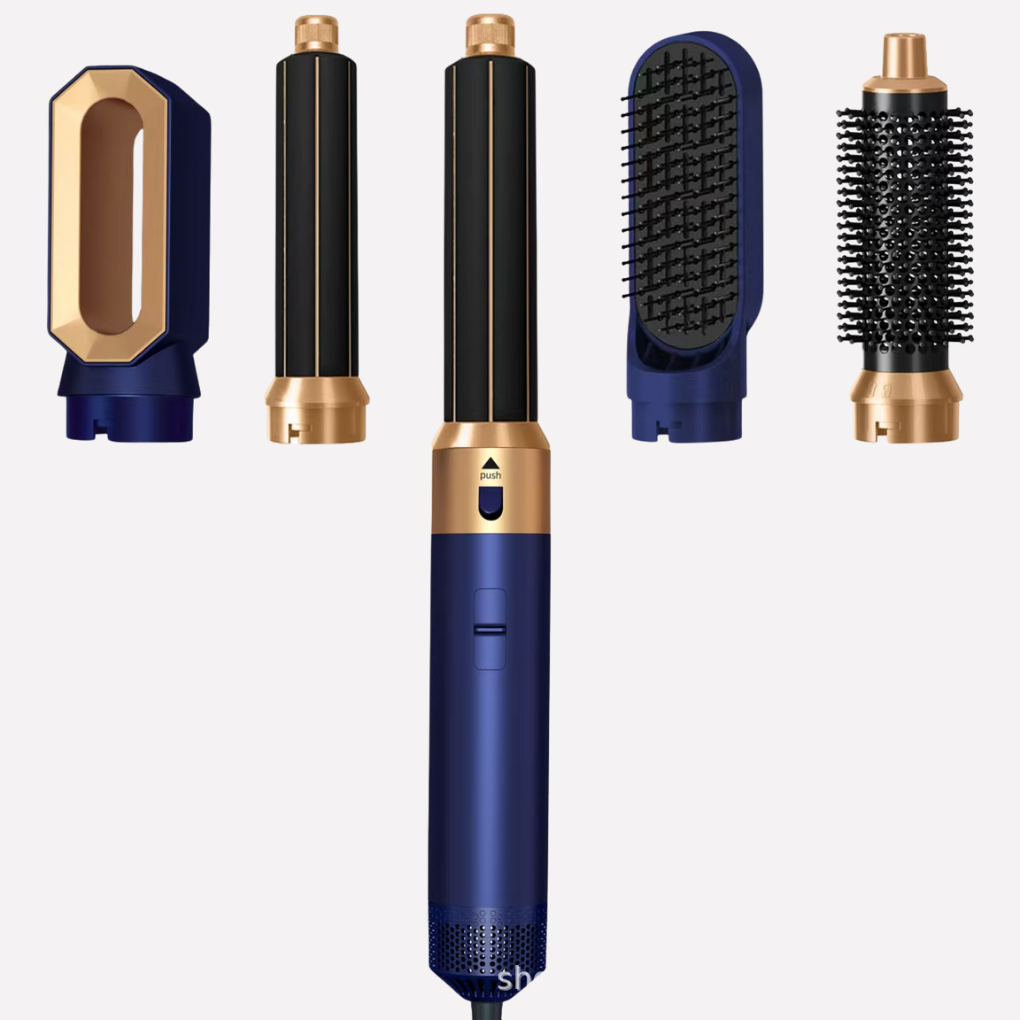 Compacte 5-in-1 haarstyler set met opzetstukken voor krullen, steilen en styling. Perfect voor thuis of reizen.