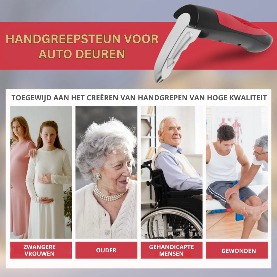 Ergonomische auto handgreep vermindert belasting op gewrichten. Comfortabele instaphulp voor dagelijks gebruik.