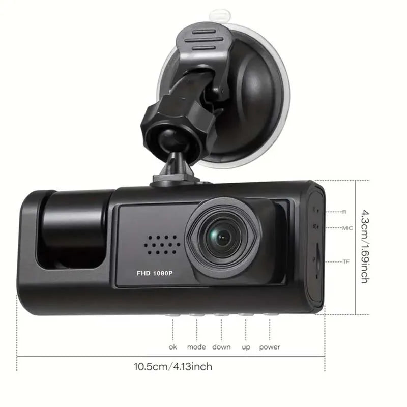 Compacte dashcam met IR-nachtzicht gemonteerd op voorruit, voor heldere opnames dag en nacht.
