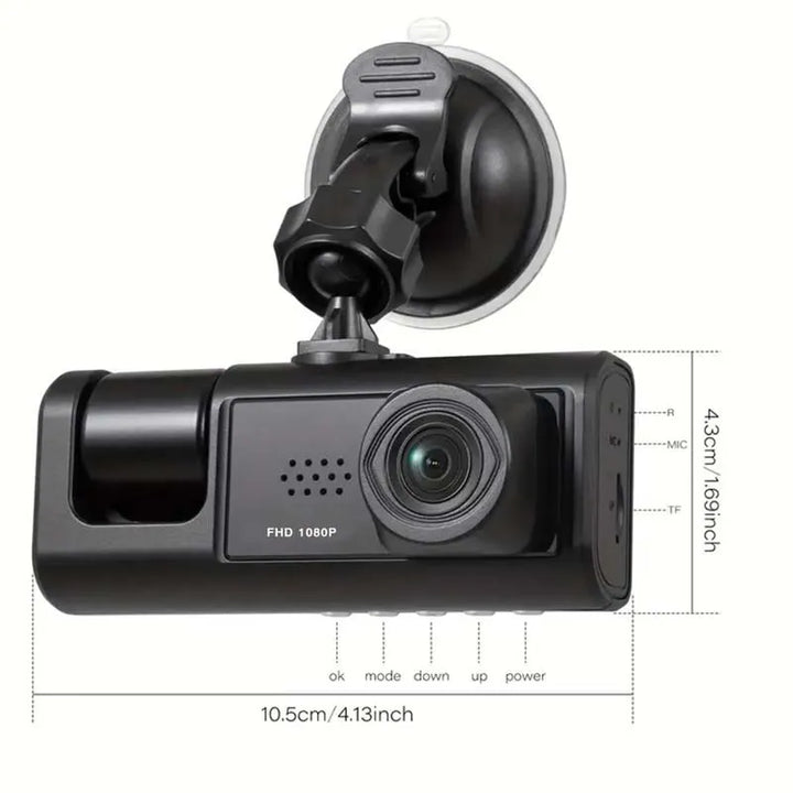 Compacte dashcam met IR-nachtzicht gemonteerd op voorruit, voor heldere opnames dag en nacht.