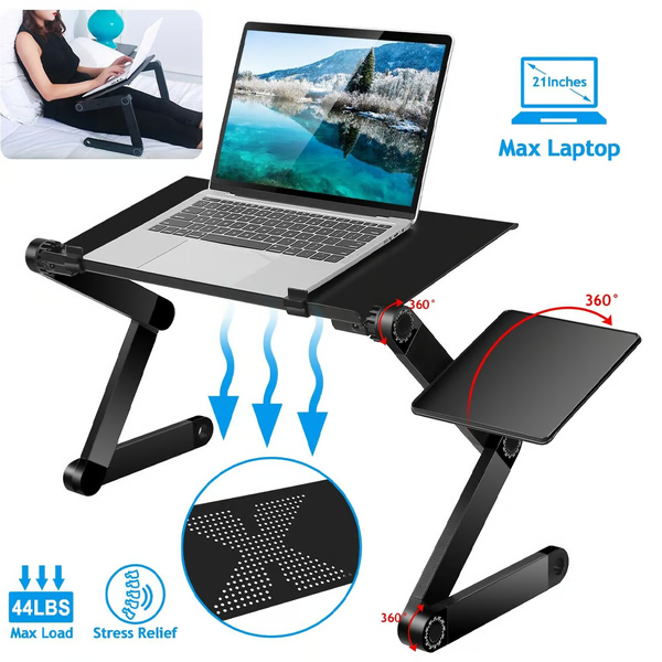 De FlexStand laptopstandaard in gebruik, toont flexibele positionering voor een comfortabele en efficiënte werkhouding.