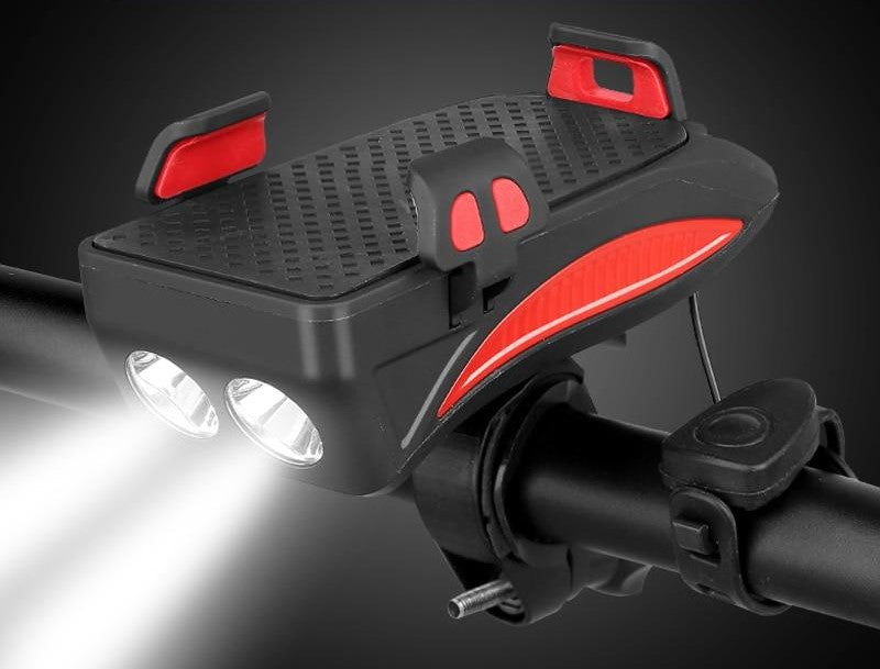 Universele fiets telefoonhouder met powerbank, LED-verlichting en claxon voor veilige navigatie.