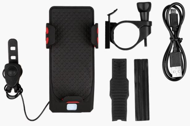 Alles-in-één fietsaccessoire: telefoonhouder, powerbank, verlichting & claxon. Veiligheid en navigatie.