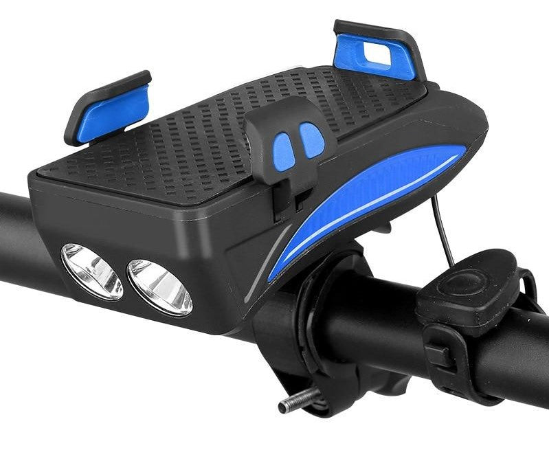 Universele fiets telefoonhouder stevig bevestigd op fietsstuur, met powerbank en heldere fietsverlichting.