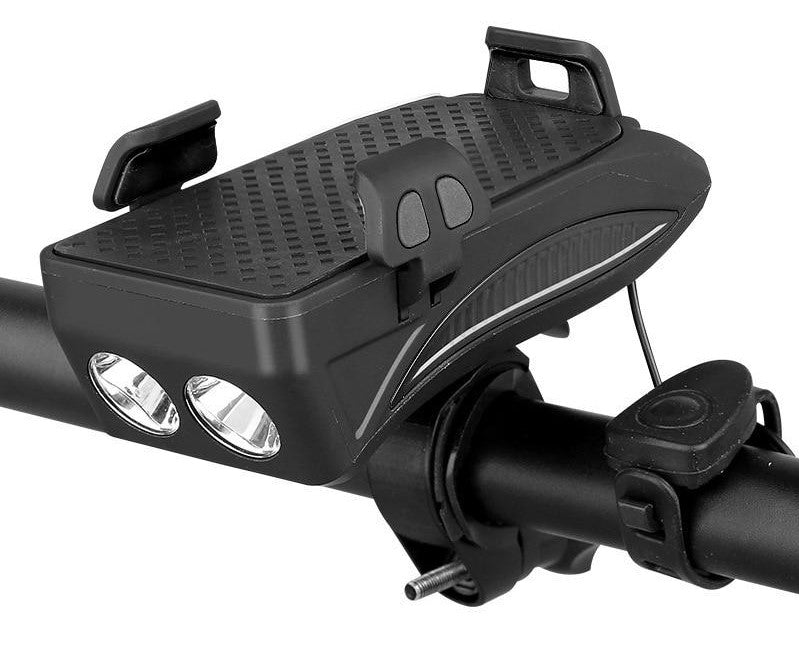 Functionele fiets telefoonhouder met powerbank, LED-fietsverlichting en krachtige claxon voor elke fiets.