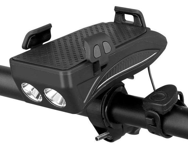 Functionele fiets telefoonhouder met powerbank, LED-fietsverlichting en krachtige claxon voor elke fiets.
