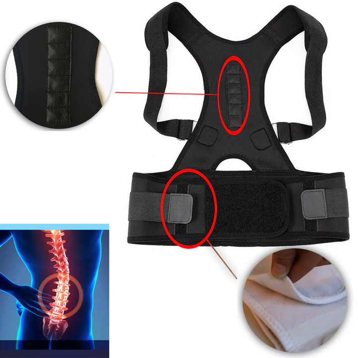 Ergonomische houdingscorrector met magneettherapie voor verbeterde houding en rugpijnverlichting.